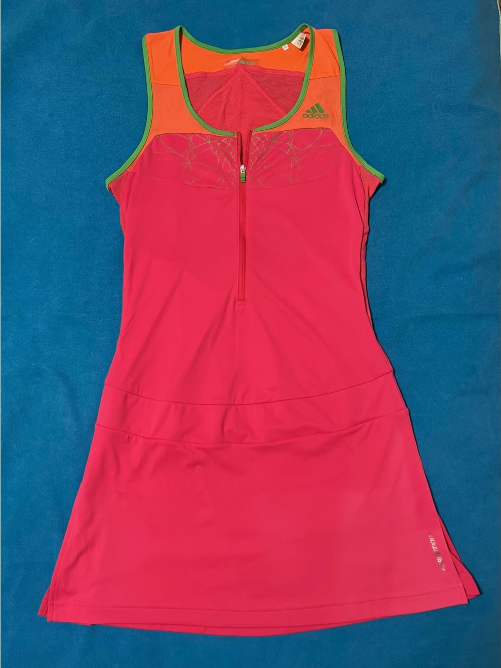 Adidas Pink, Orange and Green Trim Front-Zip Tennis Dress